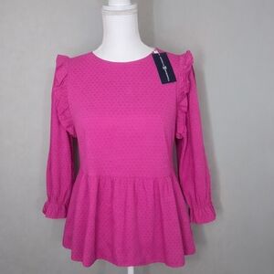 Michelle McDowell Feminine Hot Pink Berry Mills Long Sleeve Ruffle Peplum Top